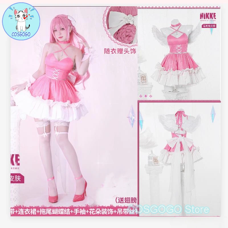 

COSGOGO Game Nikke Dorothy Anniversary Skin Cosplay Costume Halloween Outfits Women Suit Pink Lovely Dress Wing Wig 100cm