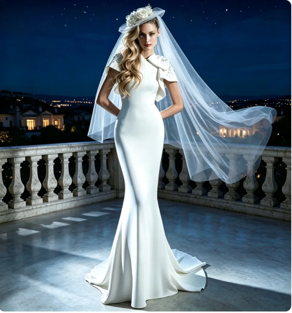 Customized Graceful Mermaid Wedding Dresses Tiered Short Sleeves  Floor Length  Open Back Fascinating Fashion Bridal Gown