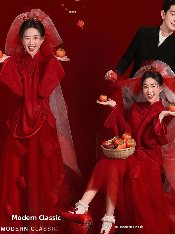 

Red Long Sleeve Wedding Dress New Chinese Style Bride Drinking Costume 2025 New High-End Sensation Marriage Ceremony Clothes