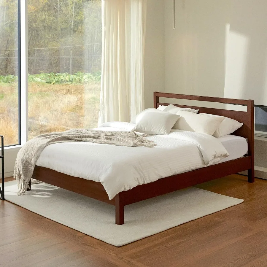 Signature Wood Platform Bed Frame with Headboard for Modern Bedrooms Provides NoiseFree Sleeping Experience Offers Ample Under