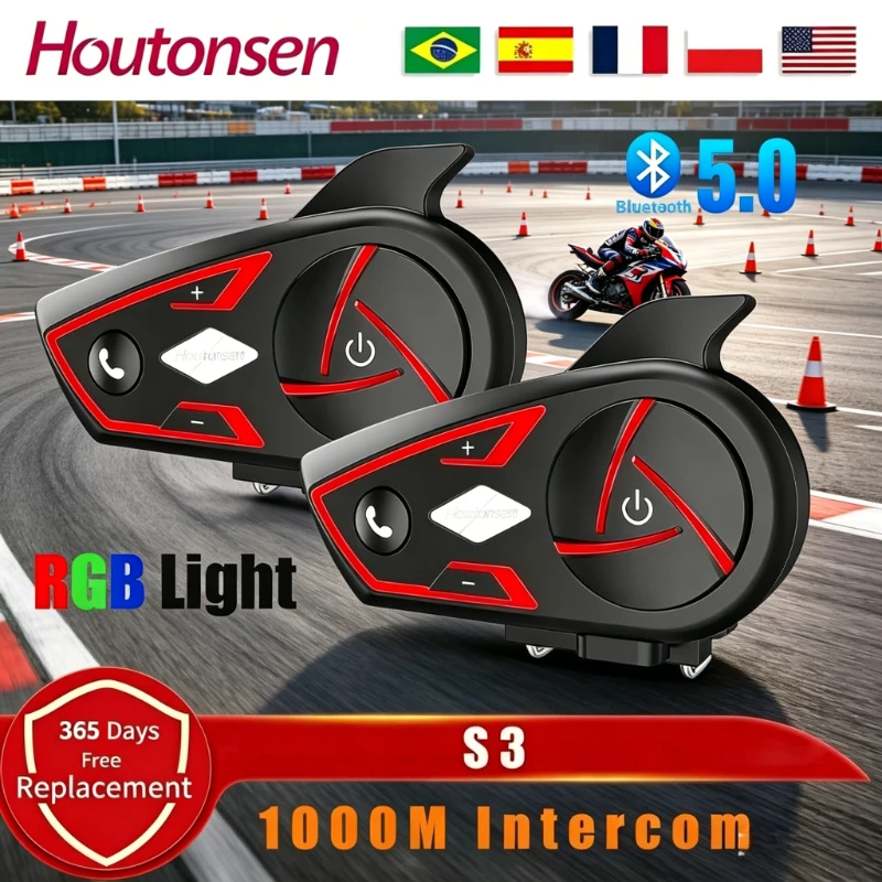 

2026 NEW Houtonsen S3 Bluetooth Motorcycle Helmet Headset Intercom Waterproof 1000M Range RGB Tri Color Ambient Light
