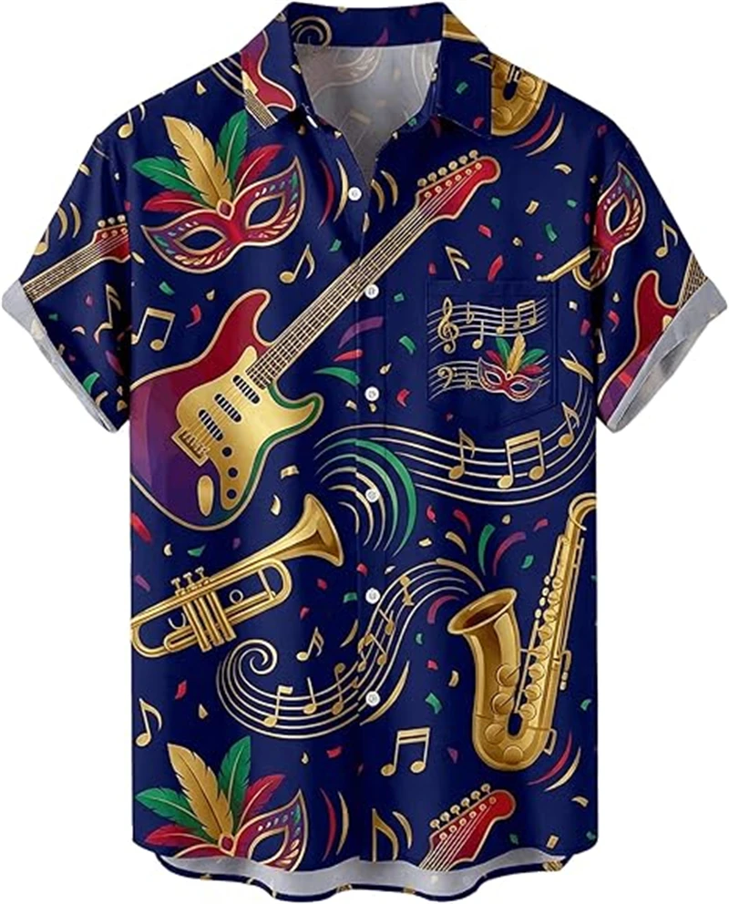 

Рубашки с короткими рукавами для мужчин и женщин в стиле Марди Гра с художественным принтом музыки и гитары, повседневные, для отдыха на природе, уличные, весенне-летние, в стиле поп-арт