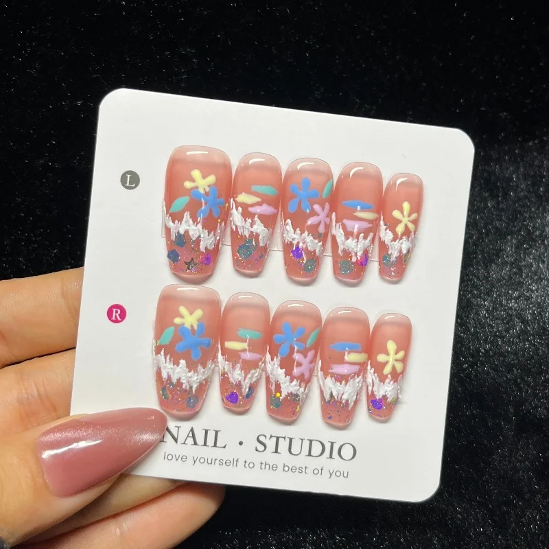 

10PCS Colorful Floral Patterns French False Nails Glossy Sweet Pink Glitter Sequin Medium Coffin Press on Nails Unique Handmade