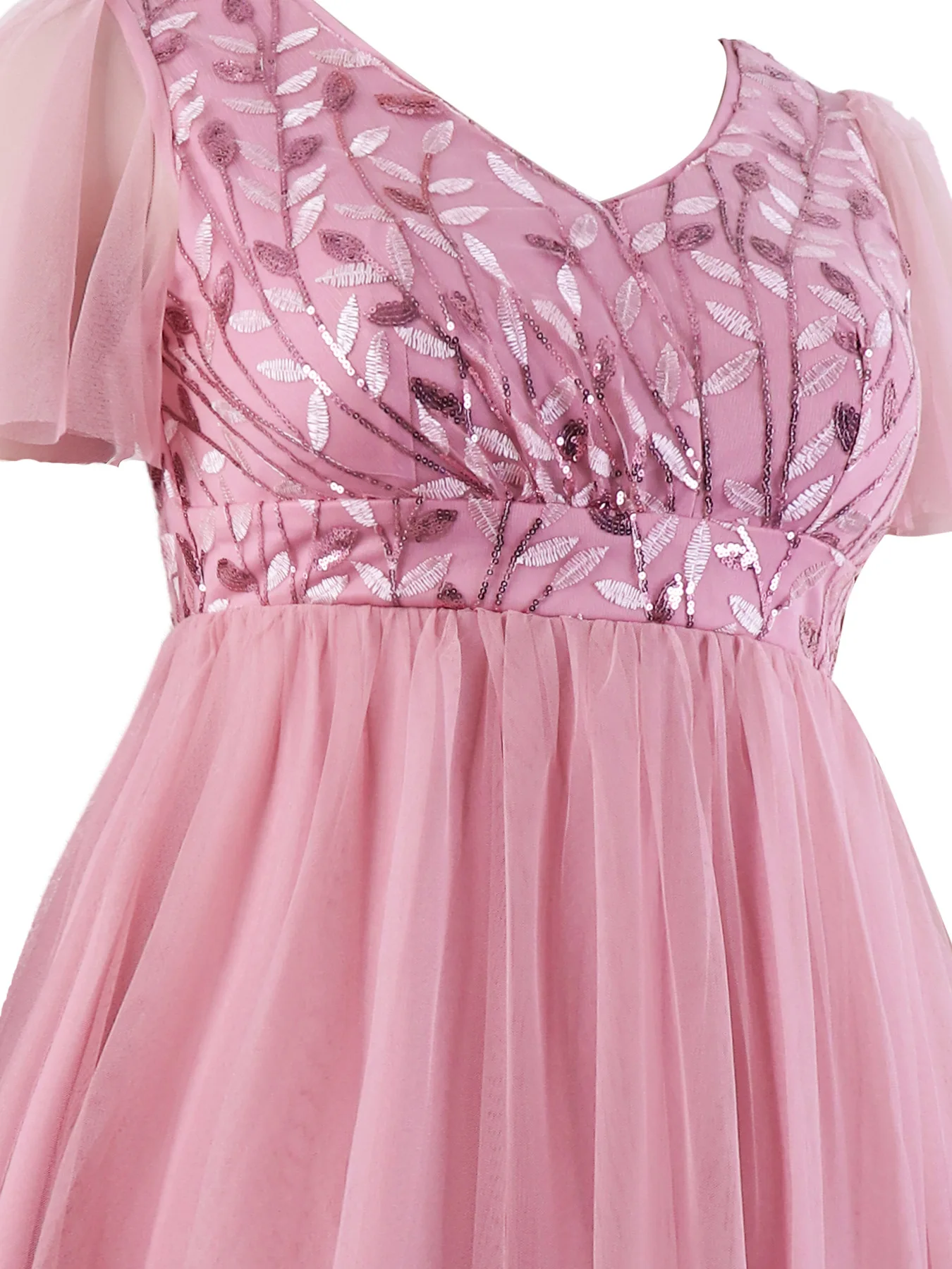 فستان سهرة رسمي طويل أنيق برقبة على شكل حرف V وأكمام قصيرة باللون الوردي