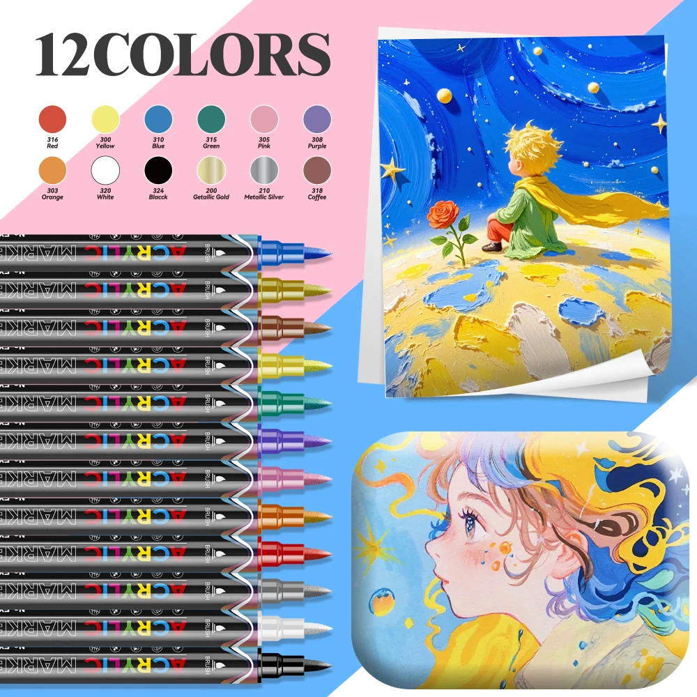 

12-цветные акриловые маркеры Macaron с двойным наконечником, мягкая кисть/тонкая для рисования, рисунка, деревянная чашка из камня, креативные школьные принадлежности для искусства «сделай сам»