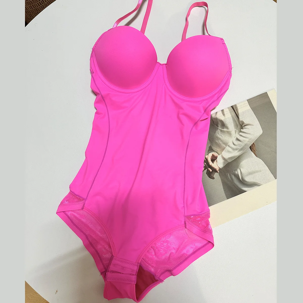 Pink Bodysuit Shapewear with Bra Enhanced Postpartum Tummy Control and Chest Support Slimming Underwear