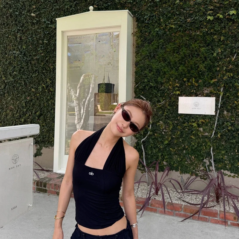 Women Summer Black Halter Crop Top Built‑in Bra Backless Sleeveless Vest Desert Wasteland Style Stretch Outerwear Camisole Tops