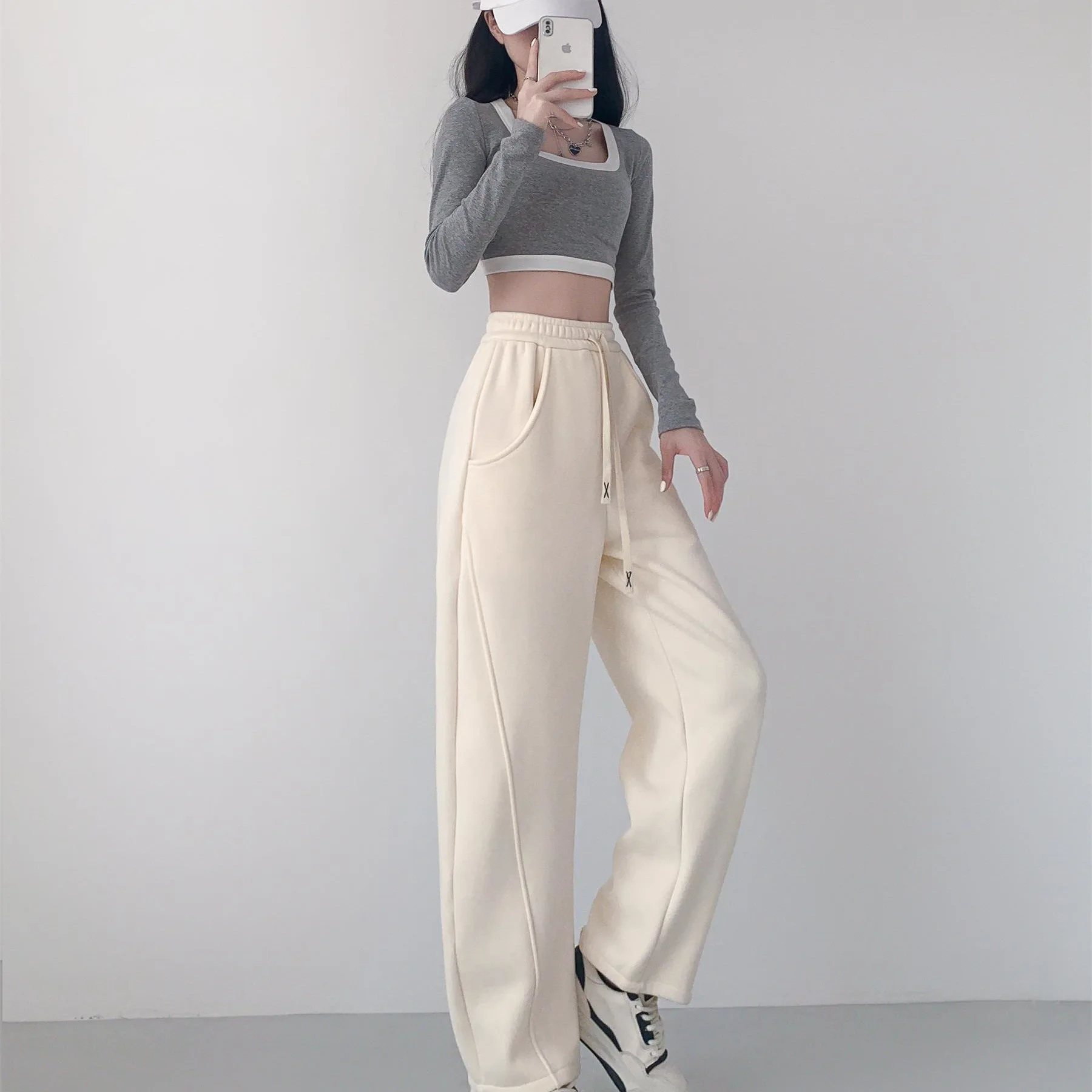 High quality cotton Banana trousers Women Autumn Winter Fleece wide leg pants straight slacks casual warm sweatpants