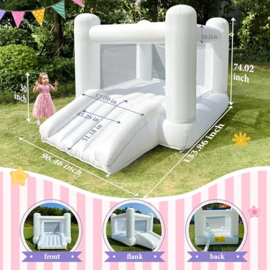 Indoor Outdoor White Bounce House for Big 8-12 and Adults, PVC Material, White Color, Large Bouncy Castle with Slide and Air Bl