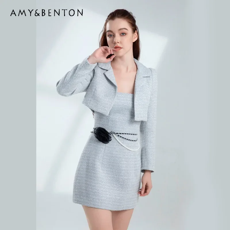 High-end Socialite Dress Sets Spring Autumn New Heavy Industry Temperament Strapless Slim Mini Dress Short Coat Two-piece Set