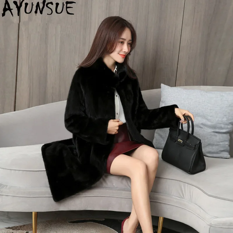 

AYUNSUE 2020 Real Mink Fur Coat Winter Jacket Women Natural Luxury Full Pelt Fur Jackets for Women Clothes 2020 Long Jacket MY