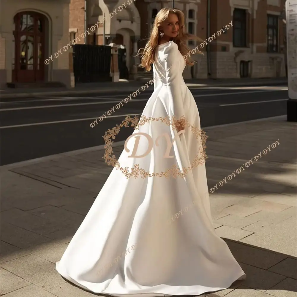 

DY Simple A-Line Wedding Dress for Bride Soft Satin Floor Length Bridal Gown Zipper Customized Full Sleeves Robe De Mariee