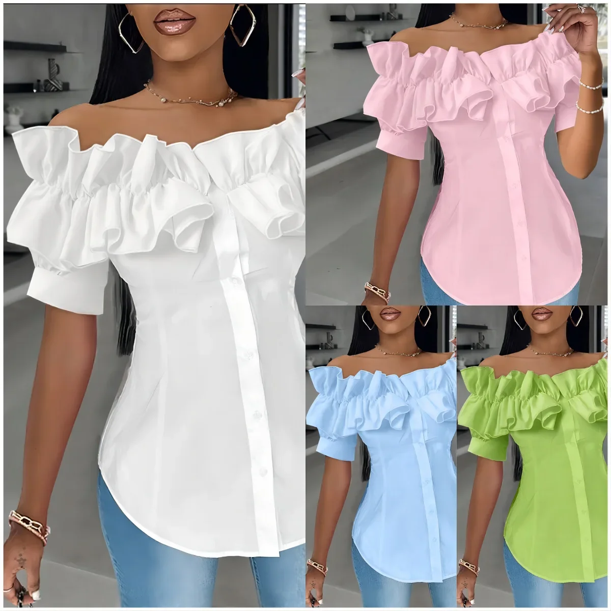 

Sexy One-piece Collar Slim White Shirt And Blouses Women's Summer Short Sleeve Fashion Ruffle Button Cardigan Female Shirts Top