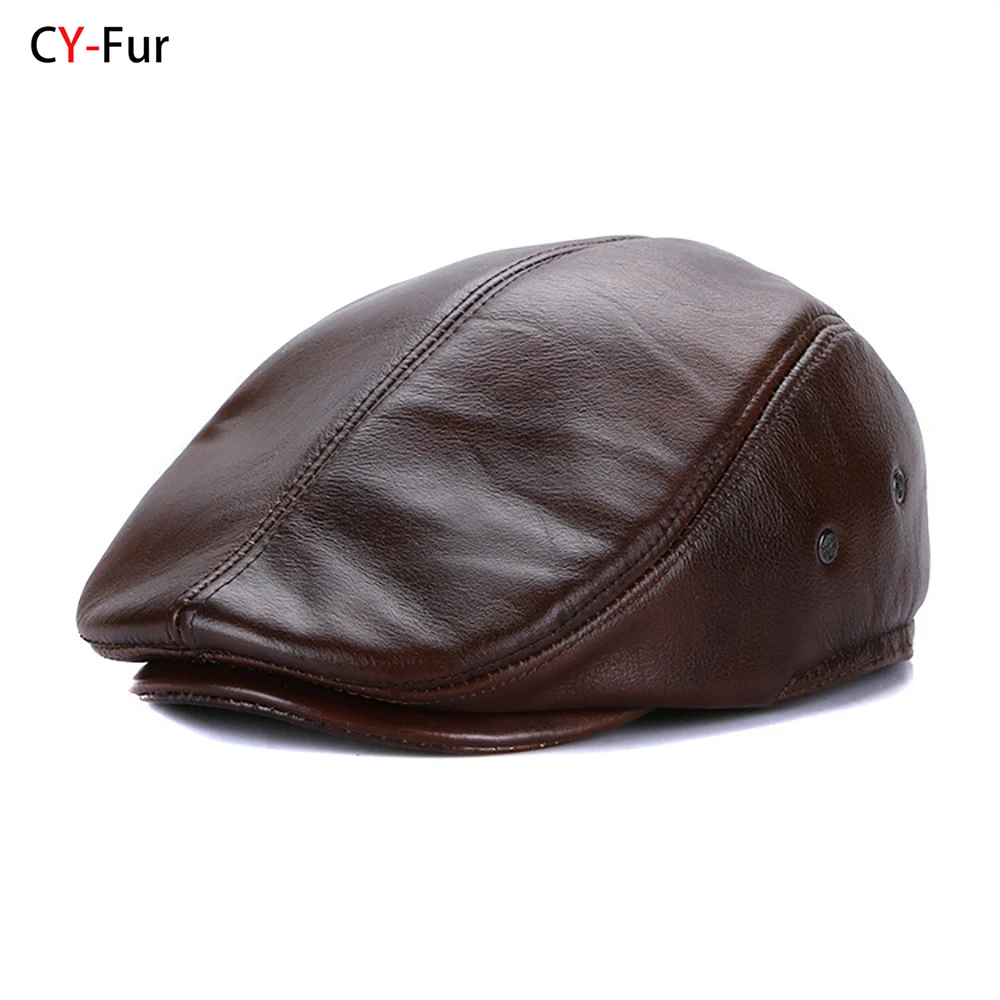 

Winter Flat Cap Beret Men Black Warm Duckbill Hat high-grade Ear Flaps Thicker Genuine Cowhide Leather Solid Classic Driving Cap