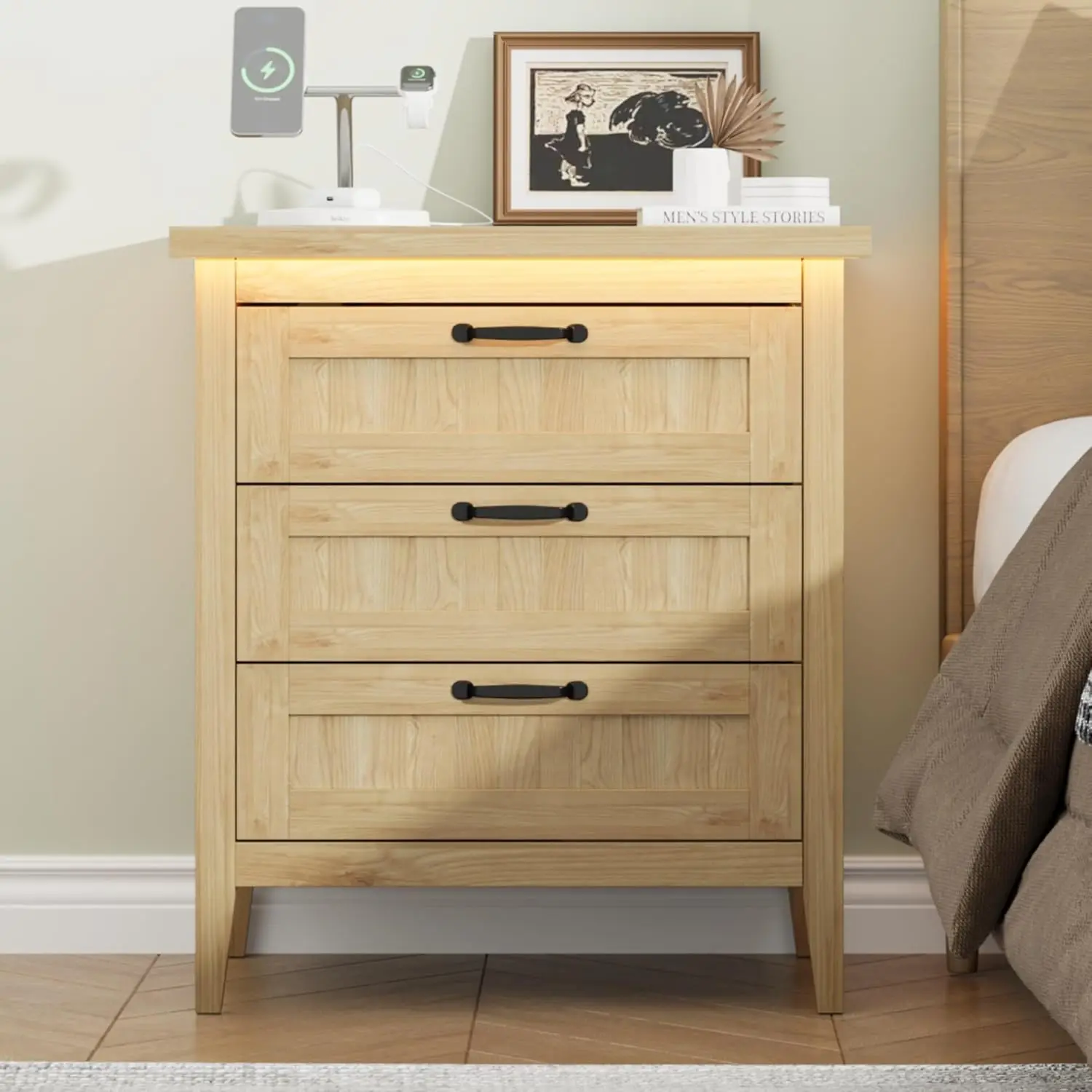 

3 Drawer Dresser with LED Lights & Charging Station, Wide Dresser Nightstand for Bedroom, Modern Wood Chest of Drawers for Cl