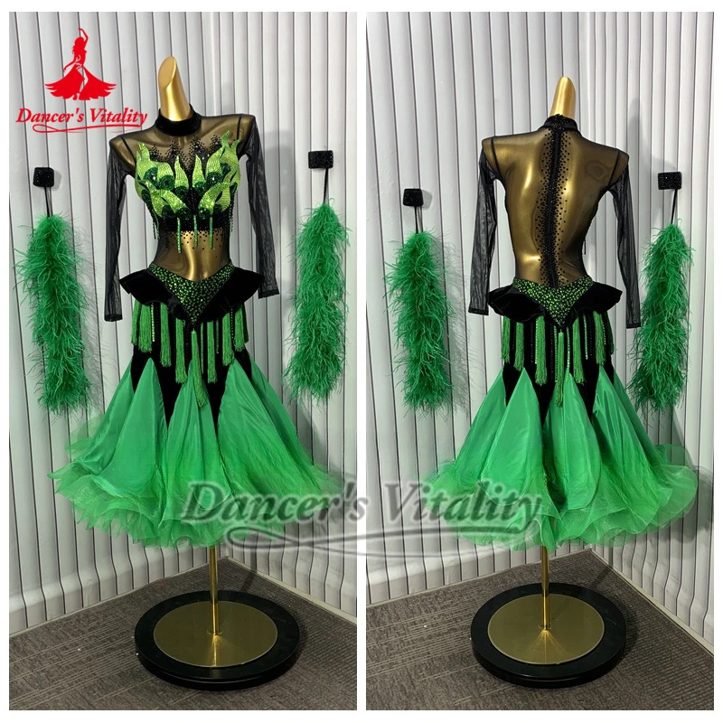 Standard Ballsaal Mode Design Luxuriöse Grüne AB Stein Perle Seide Kleider Frauen Walzer Führen Kleiden Benutzerdefinierte Tänzerin Vitalität