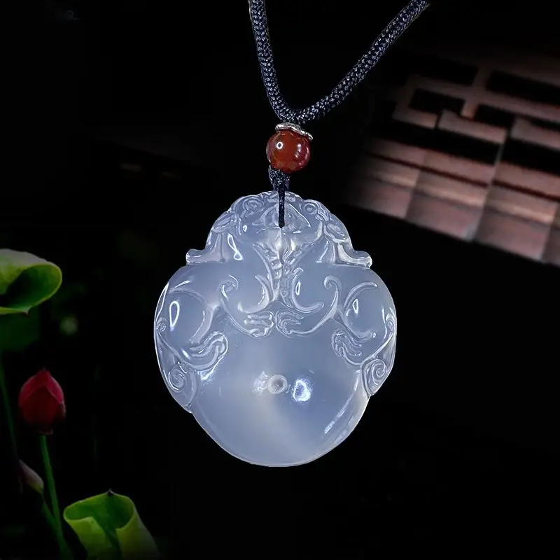 Natural Ice Jade Chalcedony Pendant for Men and Women's Lucky Pixiu Peace Buckle Pendant Ice Agate Necklace Pendant