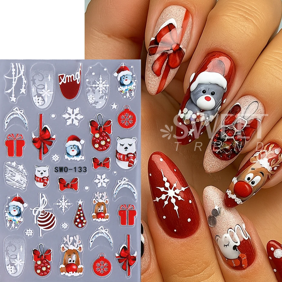5 pz/set Adesivi Per Unghie Di Natale Babbo Natale Fiocchi di Neve Pupazzo di Neve Arco In Rilievo Decalcomanie Per Unghie Inverno Capodanno Manicure Decor Slider