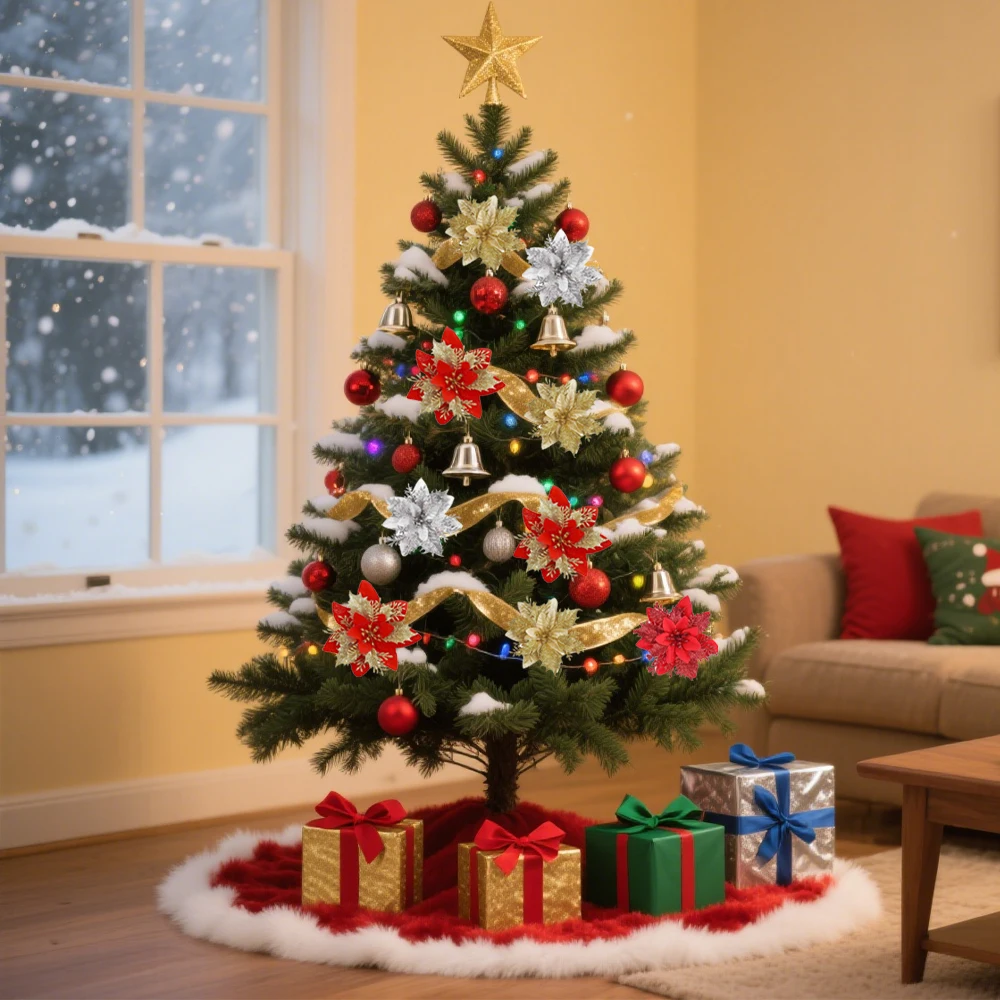 10 قطعة بريق البونسيتة الاصطناعية زهرة عيد الميلاد مع الجذعية كليب لشجرة عيد الميلاد ديكور ذاتي الصنع إكليل عطلة المنزل حفلة الحلي #6