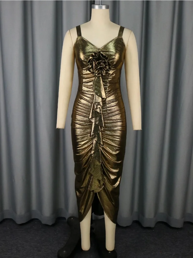 Women Sleeveless Camisole Gold Midi Dress Square Collar 3D Floral Ruffled Side Slit Perfect for Evening Party Pecial Occasion