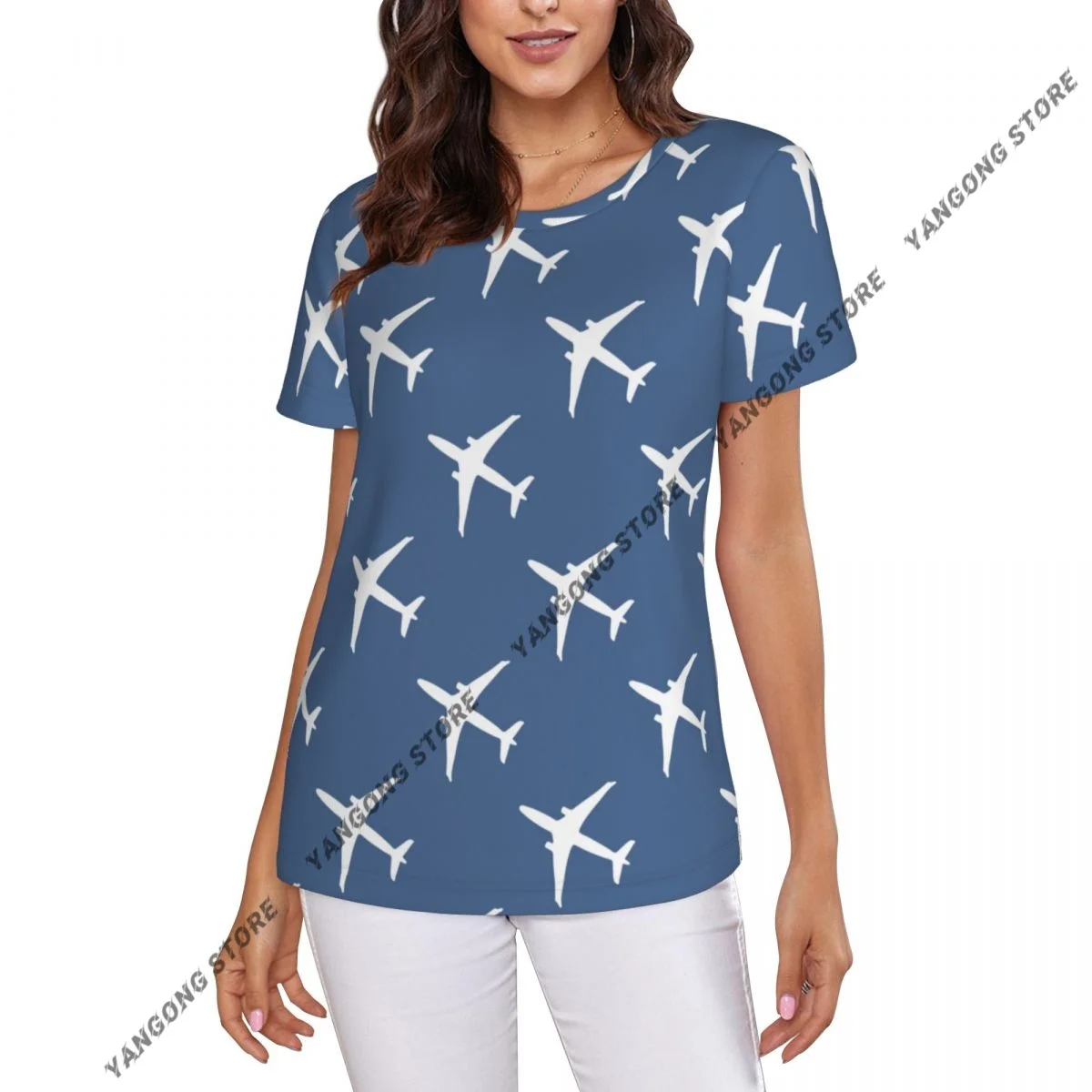 

Women Short Sleeve Top Planes Print T-shirt Fashion Summer Female Tops Loose Round Neck T Shirt