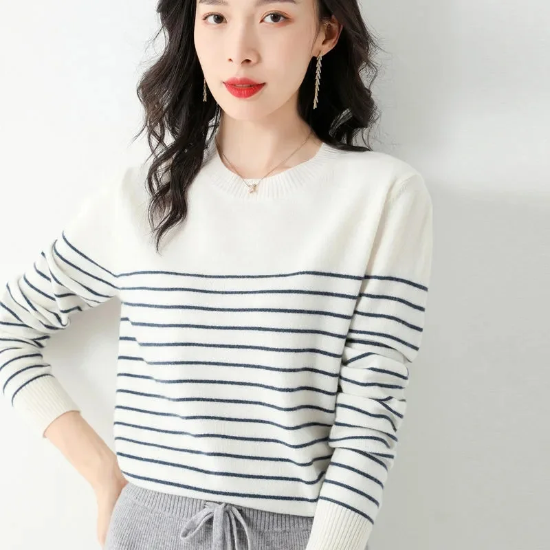 

100% Cotton Knitted Sweater Women's Sweater Striped Color Matching Round Neck Large Size Loose Temperament Long Sleeve Bottoming