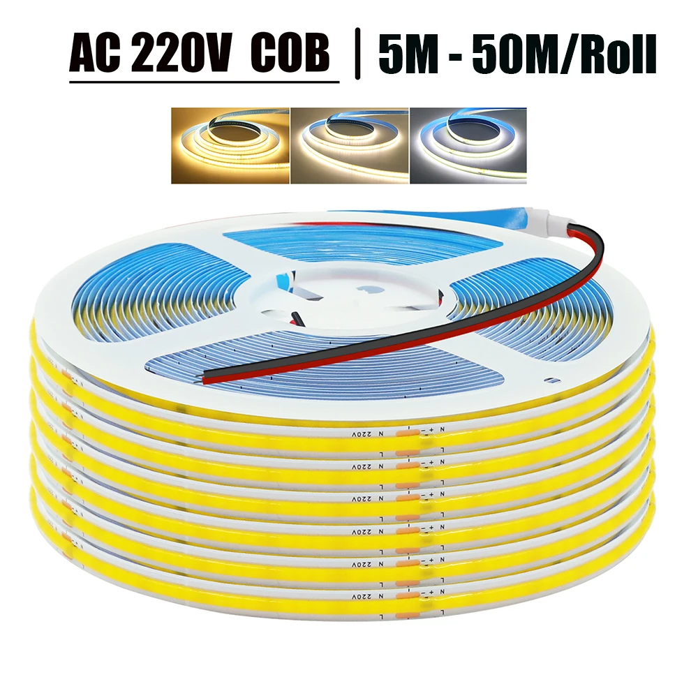 AC 220V COB Strip IP20 3000K 4000K 6000K Home Decor High Brighter 240Leds/M Elastyczna taśma wstążkowa LED Light 5M 10M 50/Roll