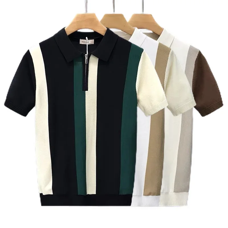 Men Plus Size Striped Color-coded Short Sleeve Turn-down Collar Knitted Casual Trendy Simple Basic Polo Shirts Male T-shirts