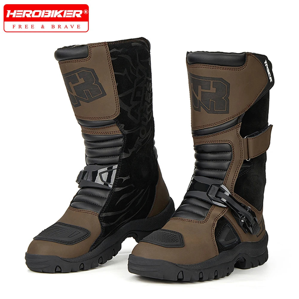 

Motorcycle Boots Waterproof Motorcyclist Shoes Brown Leather Motocross Boots Men Anti-slip Motorcycle Accessories