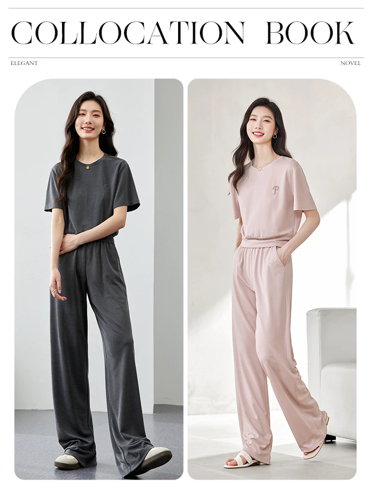 VIMLY WomenSporty Simple Matching Sets Summer Loose Short Sleeve O-Neck T-Shirt+Casual Long Pants Solid Tracksuit 2pcs SetsM7109