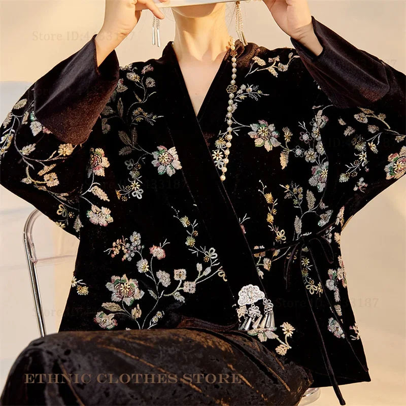 Chaqueta Hanfu de lujo con lentejuelas bordadas, nuevo estilo chino, kimono, cárdigan, yukata, Haori, disfraz tradicional, abrigo de terciopelo