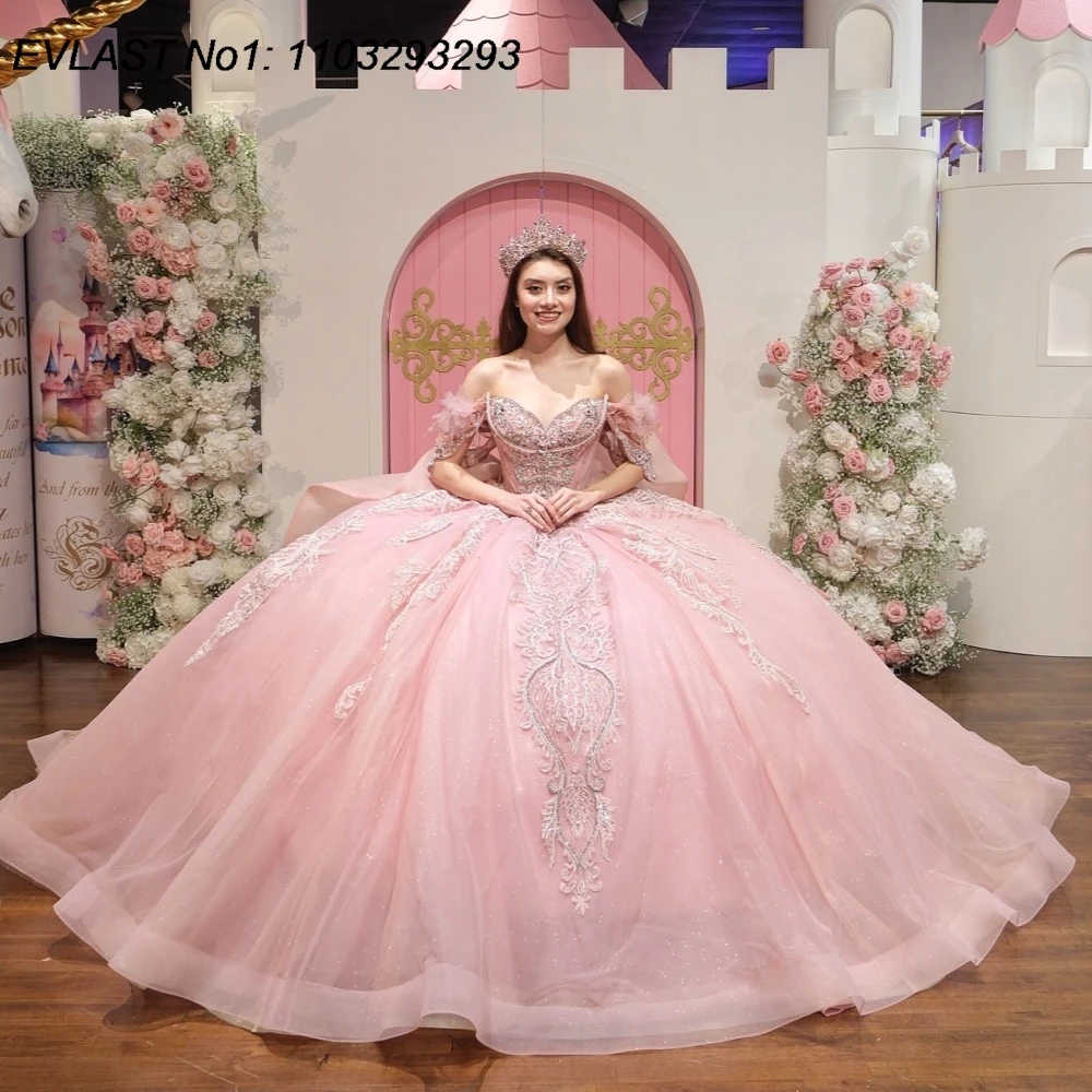 

Индивидуальное блестящее розовое платье EVLAST для Quinceanera, бальное платье с блестящими кружевными аппликациями, бисером и бантом, для Sweet 16, Vestidos De 15 Anos AQ10