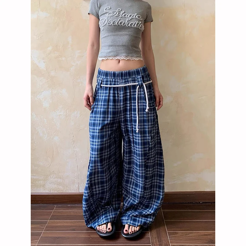 المرأة خمر الأزرق منقوشة السراويل الفضفاضة 2025 الخريف عادية Harajuku الجمالية 2000s Y2k عالية الخصر واسعة الساق السراويل كبيرة الحجم