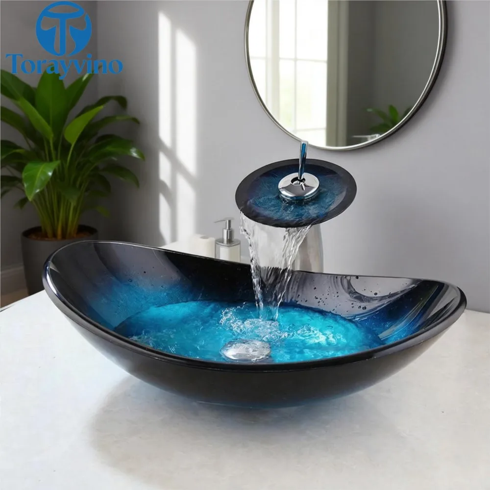 Torayvino Tempered Glass Basin Sink Tap Bathroom Washbasin Vessel sink Vanity Bowl Counter Top Waterfall Faucet Pop-up Combo Kit