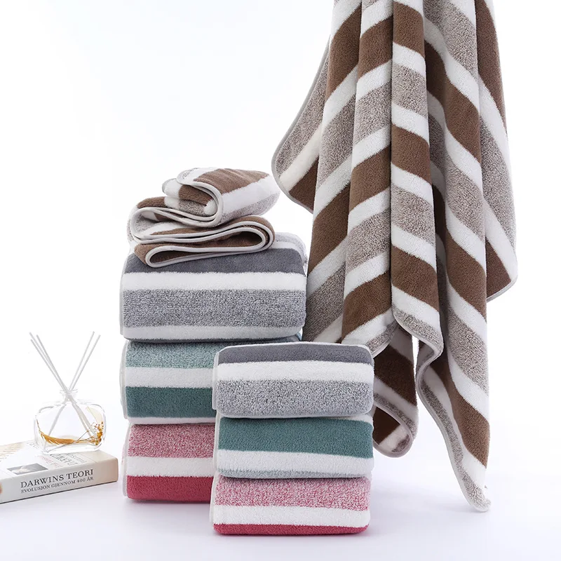 Striped Coral Fleece Quick-Drying Towel Set Soft Highly Absorbent Towel for Bathroom Shower High-quality Bath Towel Hand Towel