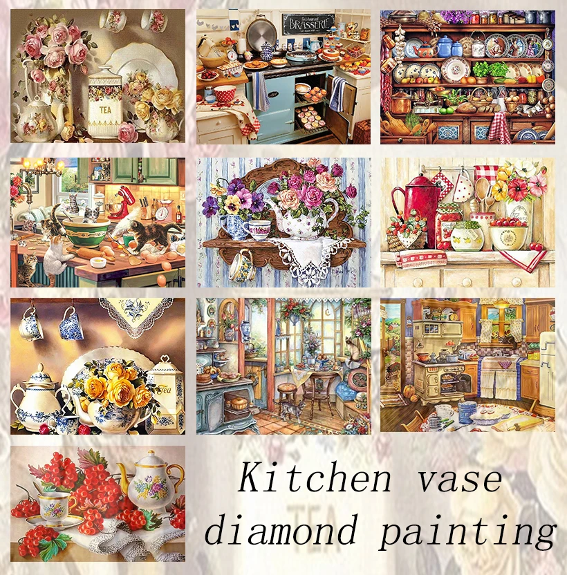 5D New Collection 2024 Diamond Embroidery Kitchen vase diamond painting Mosaic Diamond Painting Scenery  Art Kits  Birthday Gift