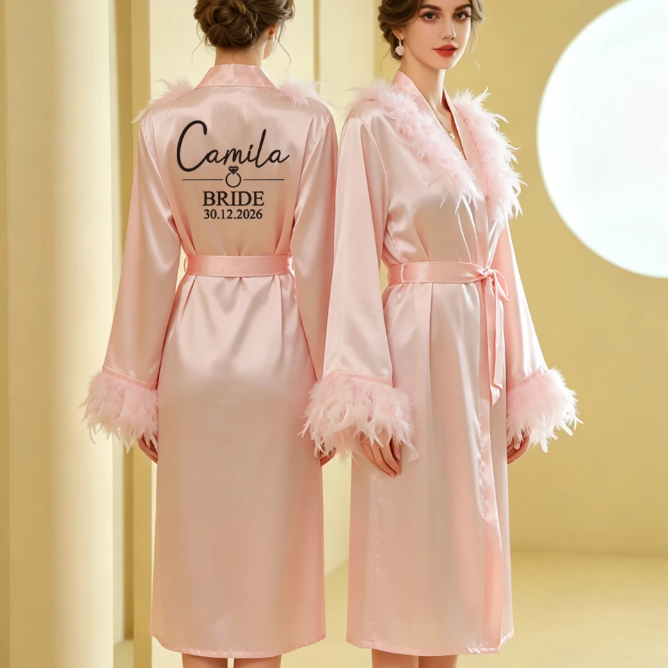 Personalized Name Date Wedding Feather Bride Robe Bridesmaid Bathrobe Nightwear Long Elegant Woman Gown Sexy Nightgown for Party