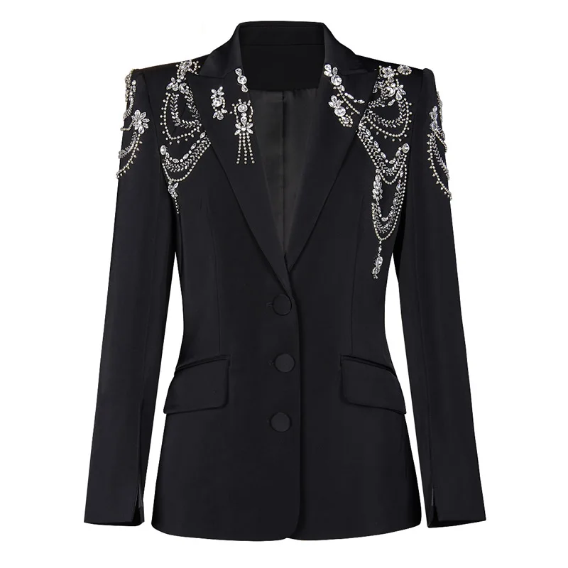 

Heavy Beaded Women Black Blazer Long Sleeve Notched Single Breasted Jacket