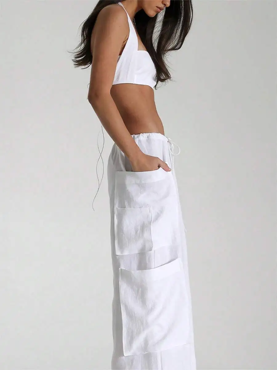 Womens Solid Color Drawstring Wide Leg Cargo Pants With Large Pockets Casual Streetwear
