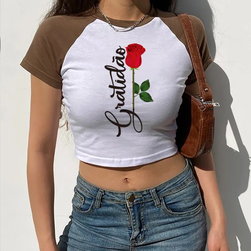 Roses American Retro Sweet Summer Tee Grunge Crop Top Baby Tee Print White T-Shirt Female Hot Girl Short Sleeves