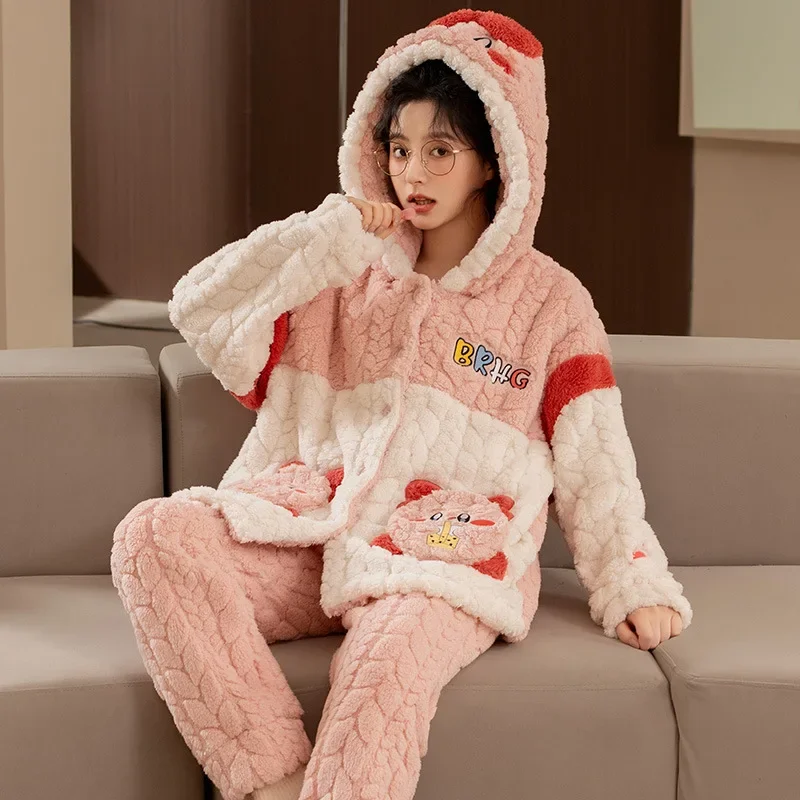 Stern Kirby Cartoon niedlichen Korallen Samt Paar Pyjama Mädchen Winter Nachthemd verdickt Fleece Lounge wear Set tragen Geschenk draußen