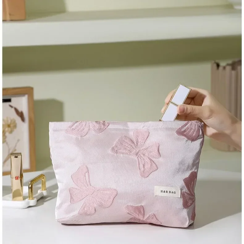 Borsa per il trucco con fiocco squisito retrò per le donne borsa per cosmetici pochette portatile custodia per il trucco femminile custodia per