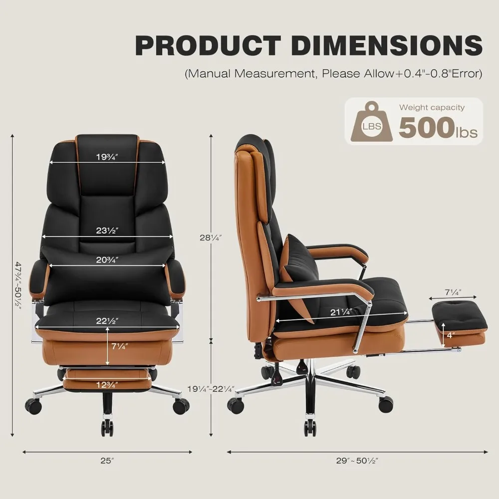 Krzesło biurowe skórzane, rozkładane, o dużej wydajności, udźwig 227 kg (500 lbs), dla osób wysokich i o dużym wzroście, z podnóżkiem i szerokim siedziskiem zapewniającym komfortowe siedzenie przy biurku.
