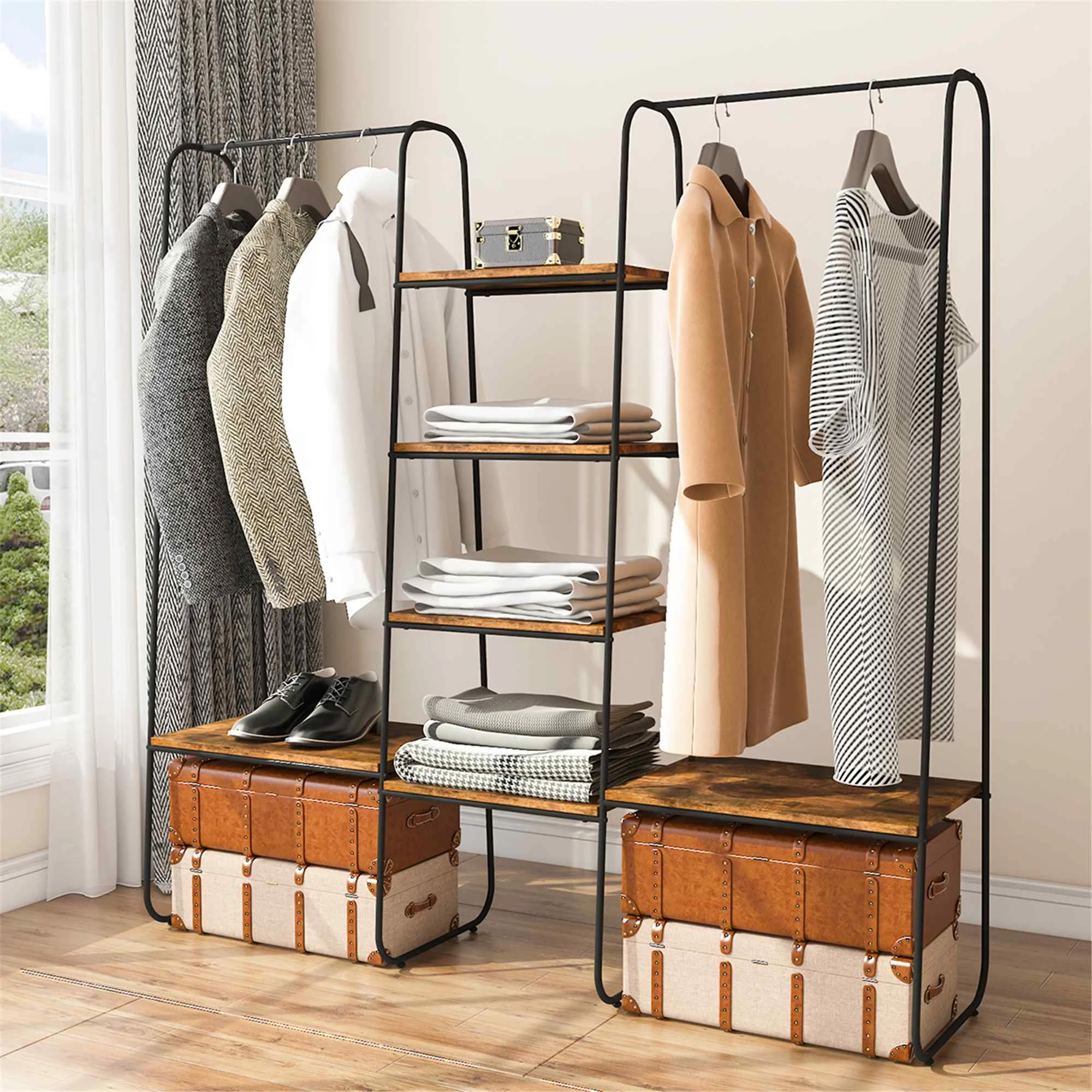 Large Coat Rack Waterproof Drying Racks Garment Furniture Rack Wardrobe Closet Shoe Rack Indoor Floor Hanger Storage152x150x40cm