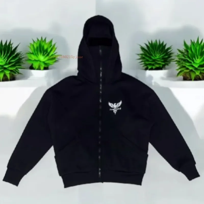 

Ins New Y2k Ninja Mask Eagle Print Sweatshirt Double Hood Design Zipper Hoodie Men Women Winter Tide Loose Street Couple Jacket