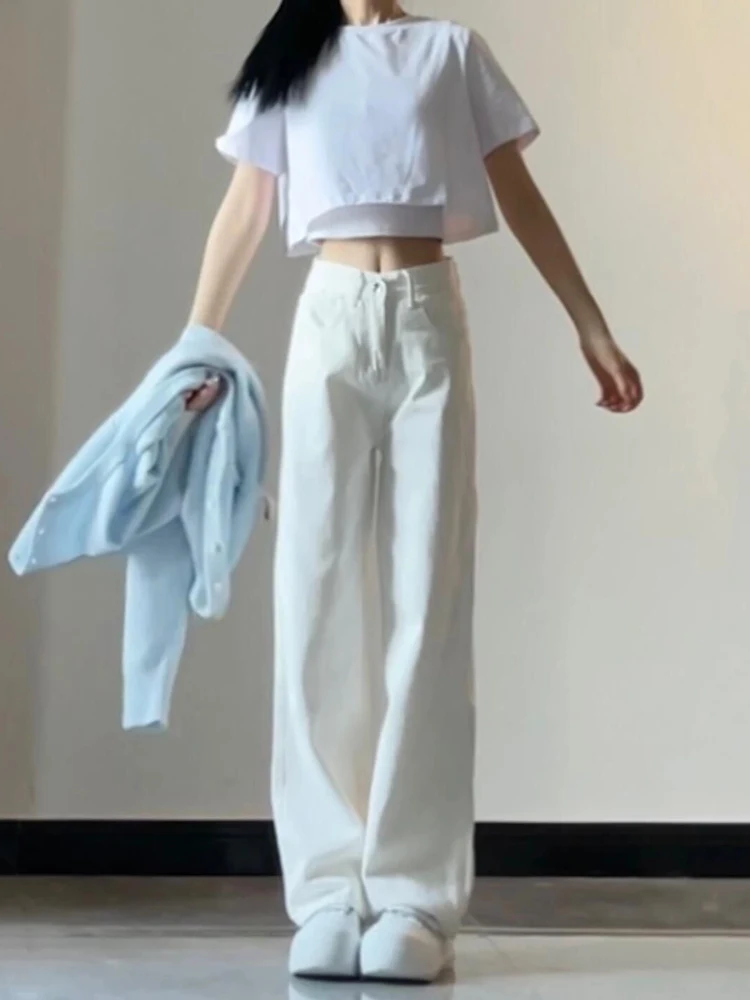 

Прямые широкие джинсы с высокой талией, женские утягивающие брюки длиной до пола большого размера, белый цвет, осеннее новое поступление