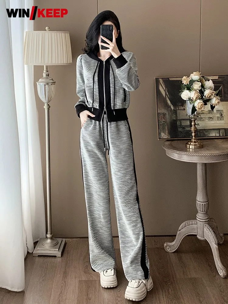 Spring New Women Hooded Sweatshirt Wide Leg Pants Two Piece Running Set Outdoor Sportswear Tracksuit Lady Training Jogging Sets