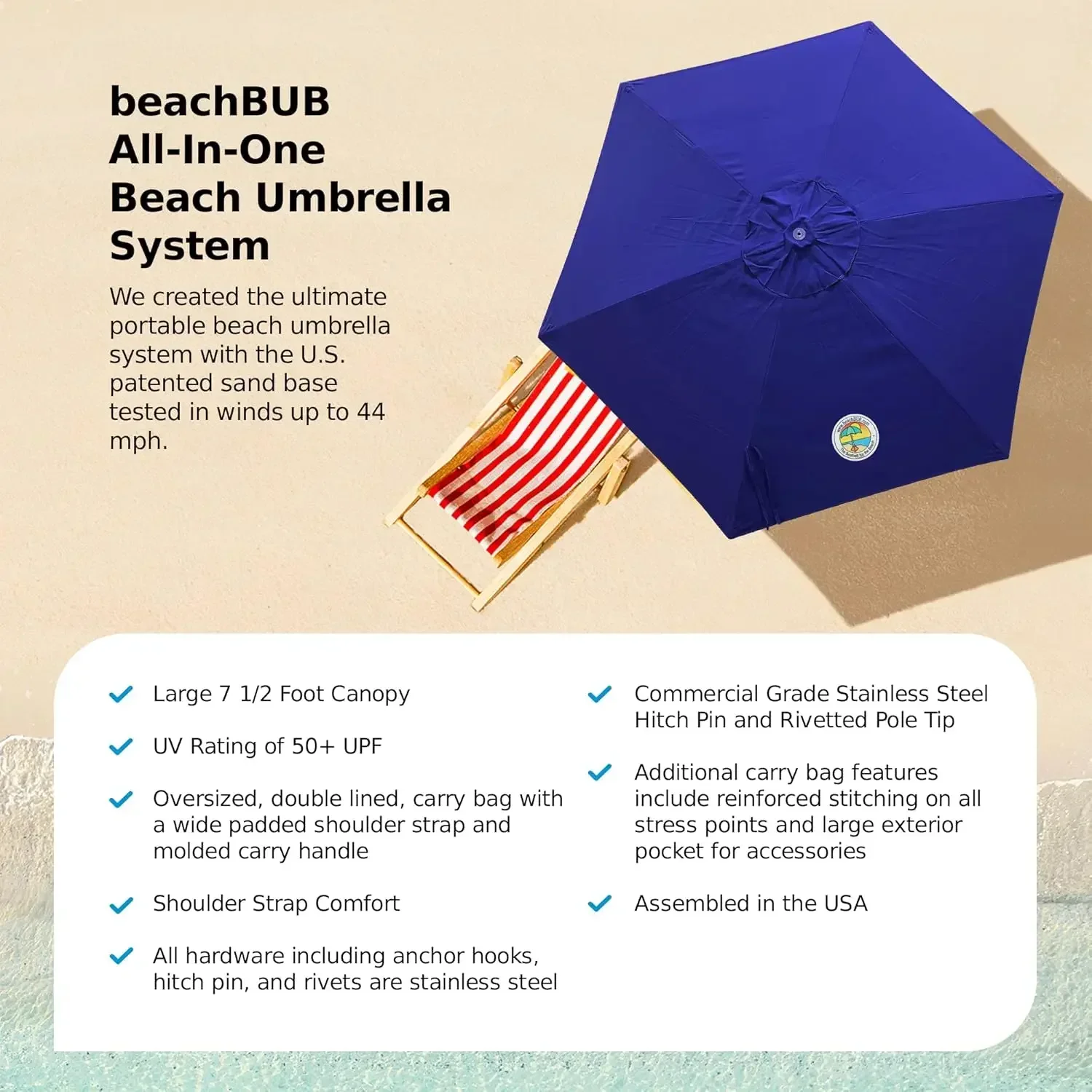 

ALL-IN-ONE BEACH UMBRELLA SYSTEM. Includes ULTRA Base (compliant with the ASTM F3681-24 Beach Umbrella Safety Standard). (Deep O