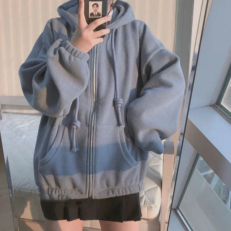 Blue Zip Oversized Hoodies Women Coat Long Sleeve Sweatshirt Korean Fashion Loose Sports Student  Winter Velvet Warm 2023