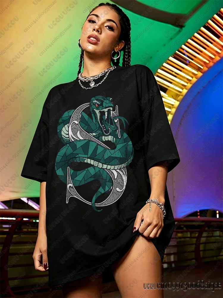Gran oferta de camisetas con estampado de Harry Potter Slytherin para mujer, ropa de cosplay de Harry Potter, camisetas informales con cuello redondo, camisetas de calle Y2K
